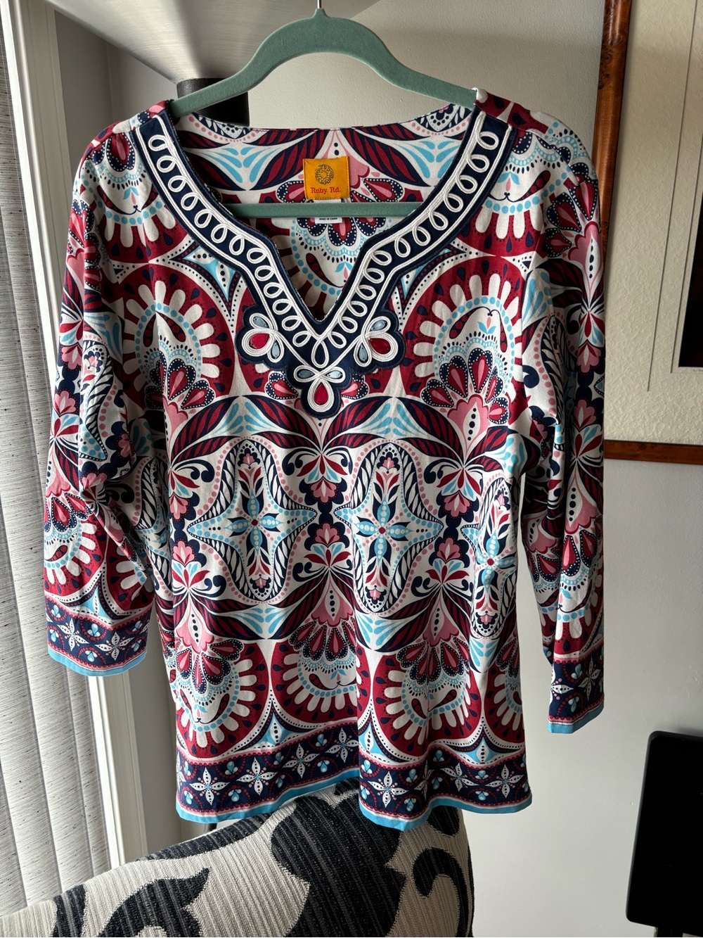 Ruby Rd. Pink, Navy & Teal V‑Neck Long Sleeve Printed Top